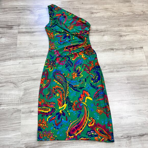 Lauren Ralph Lauren Dress One Shoulder Bodycon Festive Green Paisley Size 2 - Picture 3 of 9